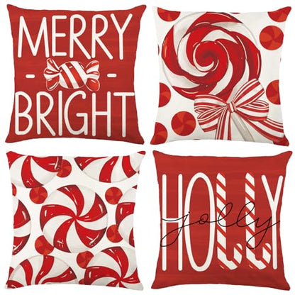 Christmas Pillow Covers 18x18in Set of 4 Candy Theme Holiday Decor