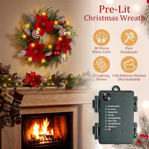 24-Inch Pre-Lit Christmas Wreath with 30 Lights and 8 Modes - Real Touch Pine