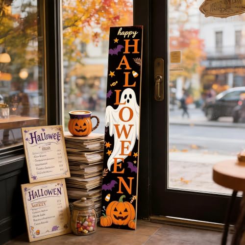 Happy Halloween Ghost Pumpkin Porch Sign 47 Inch Rustic Welcome Sign Black
