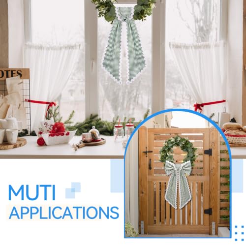 Green and White Plaid Wreath Sash with Scalloped Edge - Front Door Decor Set of 2
