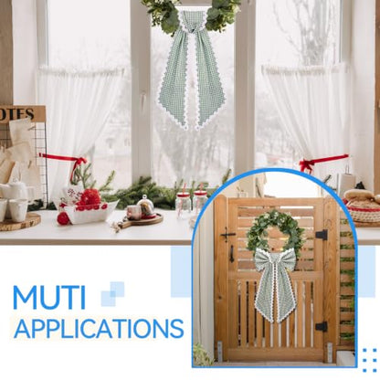 Green and White Plaid Wreath Sash with Scalloped Edge - Front Door Decor Set of 2