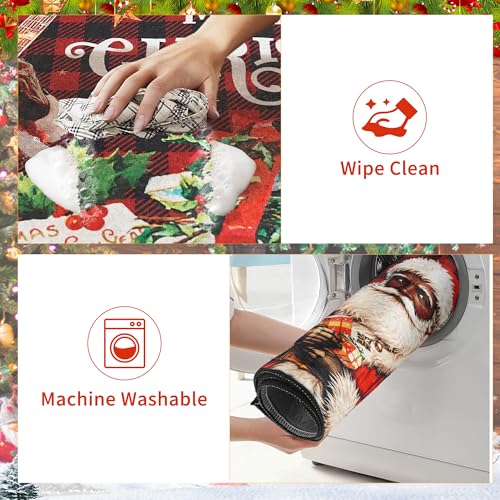 Romart Christmas Kitchen Rugs Set of 2 Black Santa Plaid Santa Claus & Tree Designs