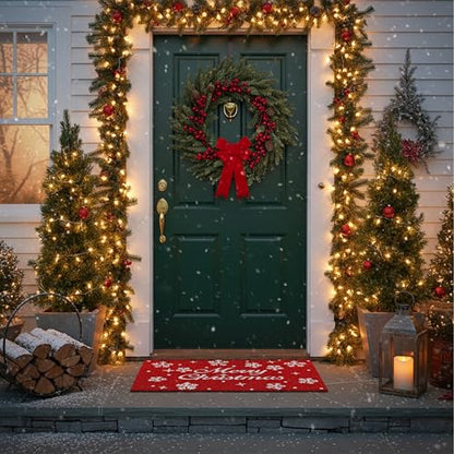 Christmas Snowflakes Doormat 24x36 Inches - Red White Holiday Decor
