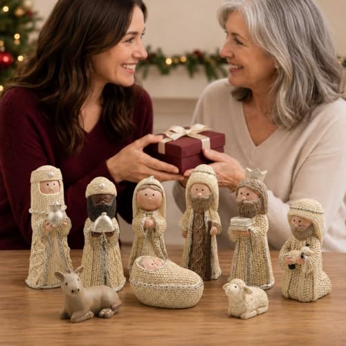 9 Piece Nativity Set with Knit-Look Resin Figures - Christmas Scene Decor