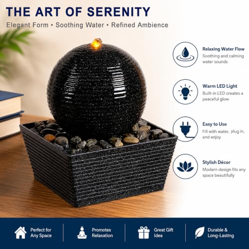 Indoor Water Fountain with Zen Sphere Design and LED Light - Tabletop Relaxation Decor
