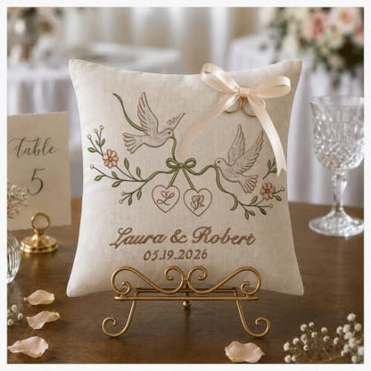Personalized Wedding Ring Bearer Pillow - Embroidered Linen Keepsake - Wedding 8