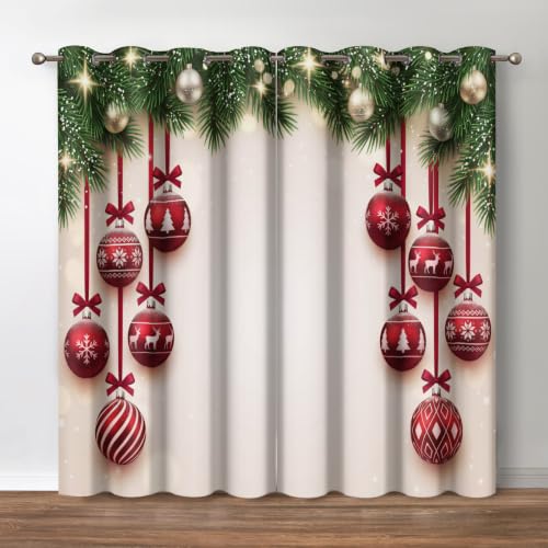 Christmas Blackout Curtains Set of 2 - Fir Twigs & Vibrant Balls, 42 x 63 Inches, Grommet Holiday Drapes