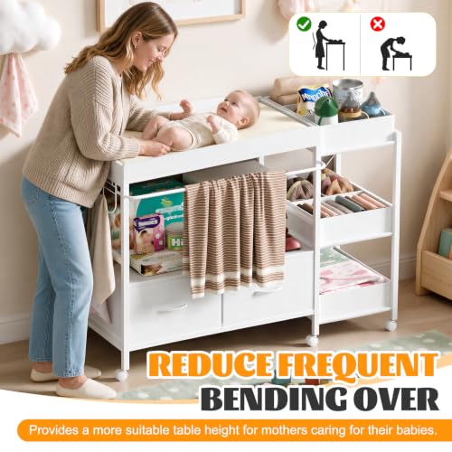 Baby Changing Table with Storage and Locking Wheels - White Nursery Organizer