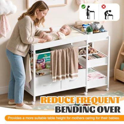 Baby Changing Table with Storage and Locking Wheels - White Nursery Organizer