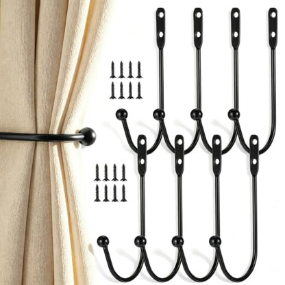 Black Metal Curtain Holdbacks 8 Pack - Modern Wall Mount Drapery Hooks