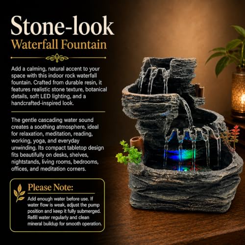 Indoor Tabletop Water Fountain with LED Light - 9.25 Inch Cascading Rock - Feng Shui Zen Decor