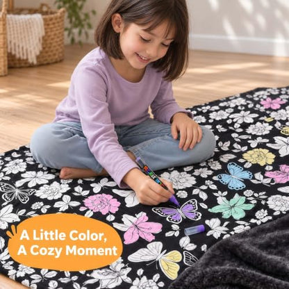 Black Flower Coloring Blanket with Markers - 48x56 Cozy Velvet DIY Craft Kit for Kids and Adults
