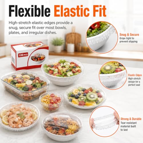 100 Pcs Food-Grade Plastic Wrap with Elastic Covers for Food Preservation - Reusable & Durable