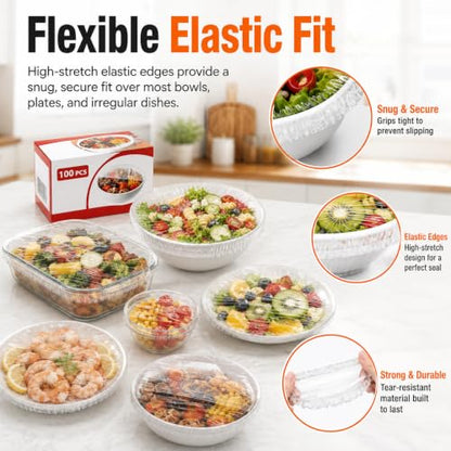 100 Pcs Food-Grade Plastic Wrap with Elastic Covers for Food Preservation - Reusable & Durable