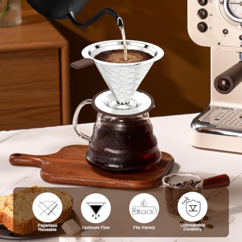 EVOCMORE Pour Over Coffee Maker Dripper with 600 Mesh Reusable Filter - Fixed Base, 1-2 Cups