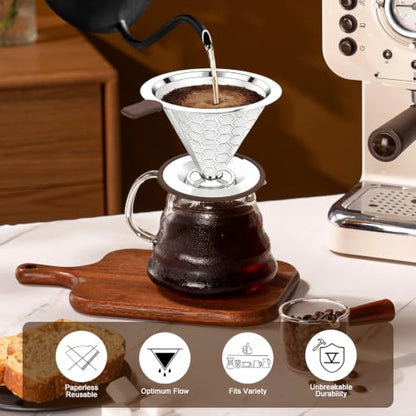 EVOCMORE Pour Over Coffee Maker Dripper with 600 Mesh Reusable Filter - Fixed Base, 1-2 Cups