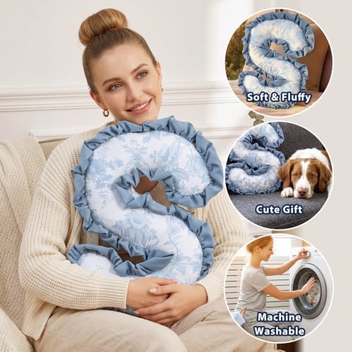 Marsui S Letter Throw Pillow Blue Floral Ruffle Dorm Decor 13.78x11.81''
