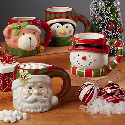 Holiday Mug Set - 4 Ceramic 18 oz. Santa Snowman Teddy Bear Penguin
