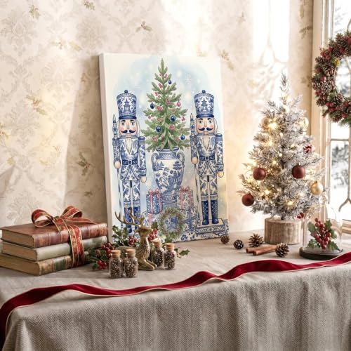 Chinoiserie Nutcracker Holiday Canvas Wall Art 12x8 Blue & White Decor