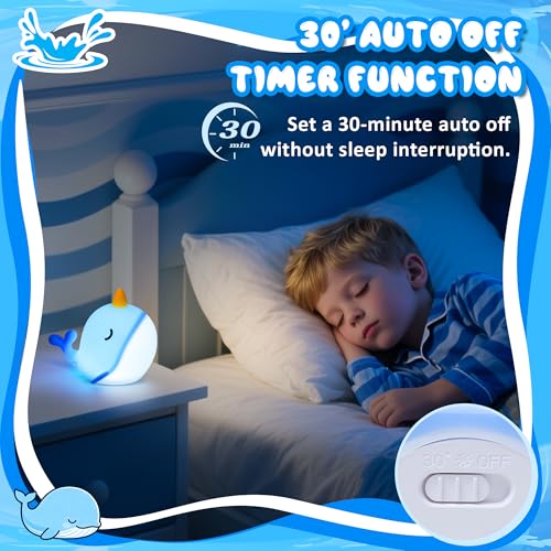 Ammonite Blue Narwhal Night Light - Style B Soft Silicone Nursery Lamp with Dimming & Timer