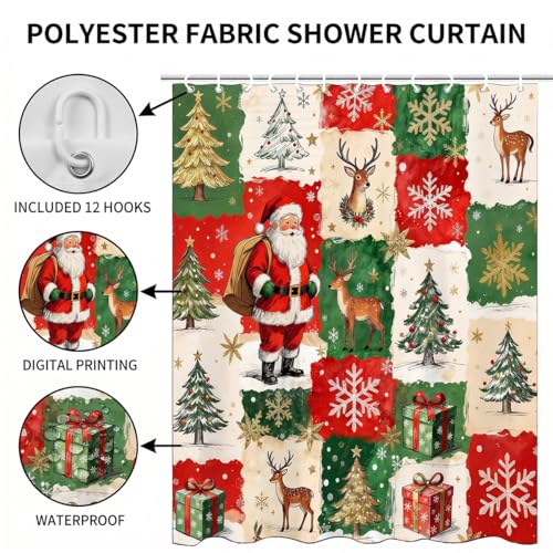 Christmas Shower Curtain with Santa Reindeer Snowflakes Holiday Trees Waterproof Fabric Red & Green 72x72 Inch Set