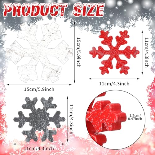 Wooden Snowflake Decor Set - Christmas Winter Holiday Ornaments - Gray & Red, Antique Style