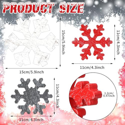 Wooden Snowflake Decor Set - Christmas Winter Holiday Ornaments - Gray & Red, Antique Style