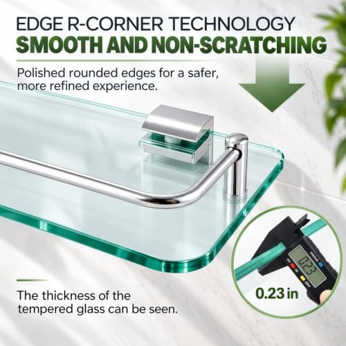 Bathroom Glass Shelf 15.7in Wall Mount Floating Shelves - Modern Tempered Glass