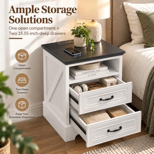 18" Farmhouse Nightstand with Charging Station - White, 2 Drawers | Variation: White / 1