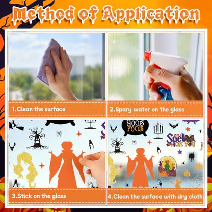 Hocus Pocus Window Clings Set - 9 Sheets, 70 Halloween Decals with Witch, Bats & Spiders - Variation of Hocus Pocus