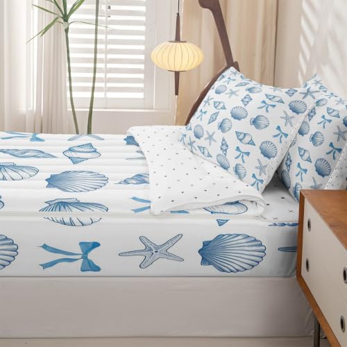 Blue White Starfish Shell Comforter Set Twin Zipper Bedding for Kids Coastal Ocean