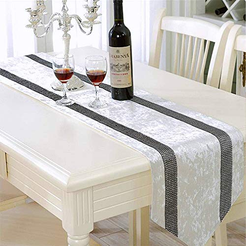 Cream White 13x98 Inch Sequin Rhinestone Table Runner with Tassels - Handmade