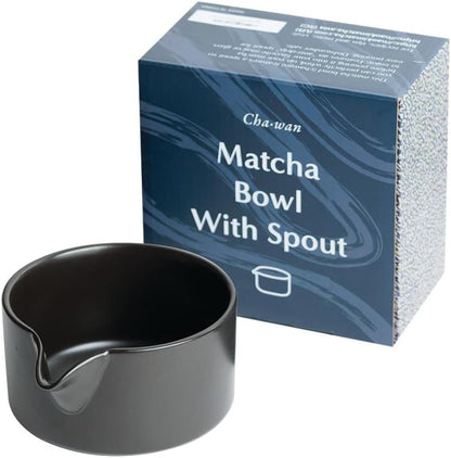 Naoki Matcha Ceramic Chawan Tea Bowl Set - Handmade Black Matte Glaze with Pour Spout - 18 Ounce Capacity
