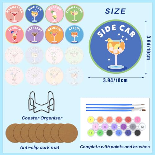 Cocktail Paint by Numbers Coaster Kit with Holder - 4x4in (10x10cm) - 8pcs