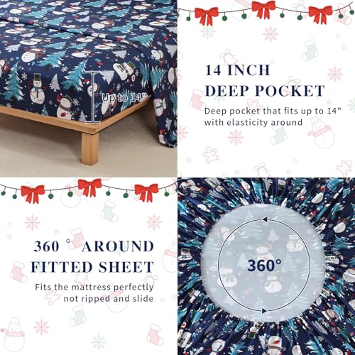 Queen Size Blue Christmas Sheet Set with Snowman Design - 4 Pieces