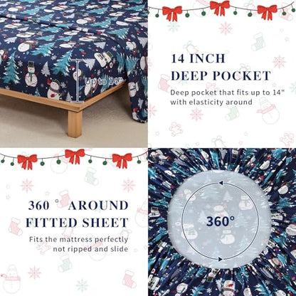 Queen Size Blue Christmas Sheet Set with Snowman Design - 4 Pieces