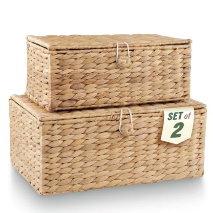 Water Hyacinth Wicker Storage Baskets with Lids - Set of 2 Decorative Boxes