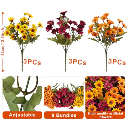 Artificial Fall Mums Flowers - 9 Bundles in Orange, Red, Yellow, Brown - Outdoor Decor