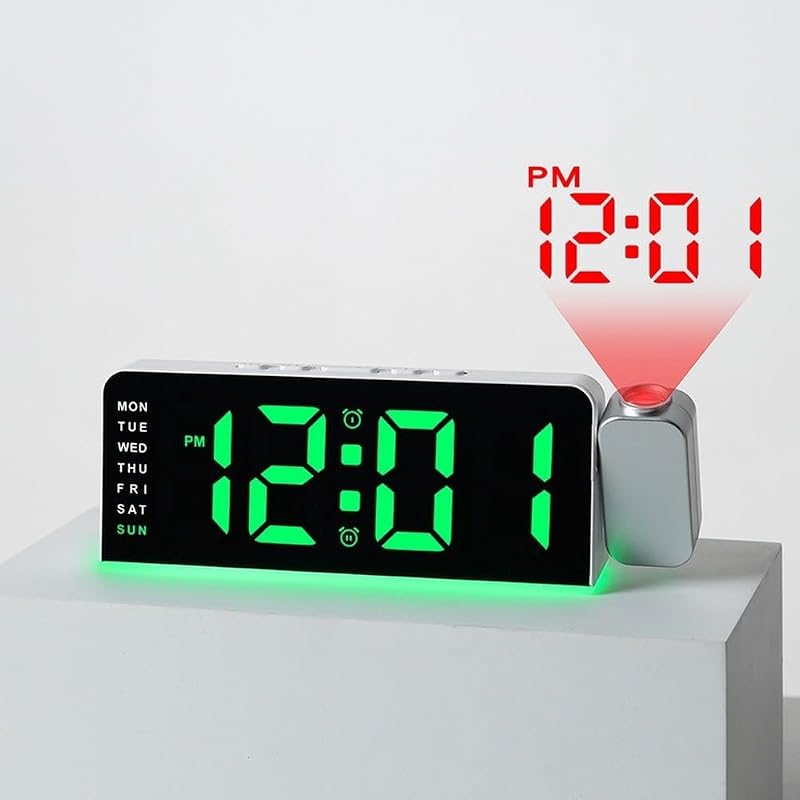 LED Projection Alarm Clock with Multicolor Ambient Light – 180° Wall/ Ceiling Projector, Dual Alarm, Temperature & Date Display (C)