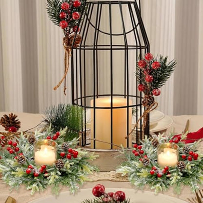 Christmas Candle Rings Wreath Set - 8 Small Artificial Red Berry Pinecones Norfolk Pine Holiday Decor