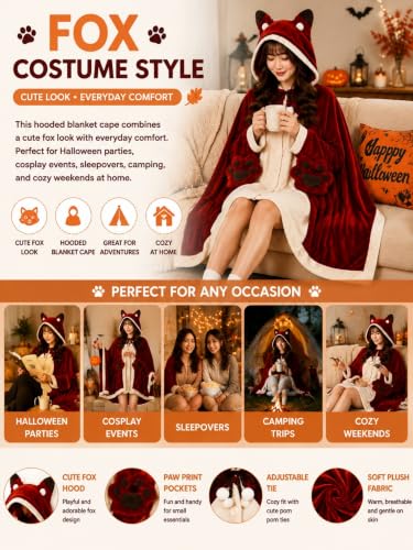 Halloween Wearable Blanket Hoodie - Plush Fox Cosplay, One Size