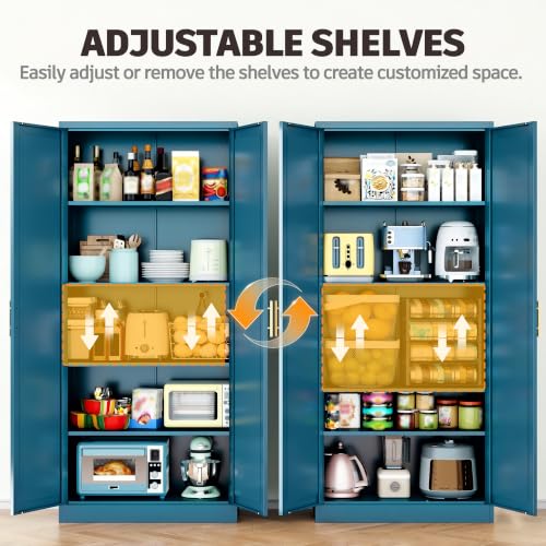 71-Inch Tall Metal Kitchen Pantry Cabinet with Adjustable Shelves - Blue, 71"H x 27.8"W x 14"D