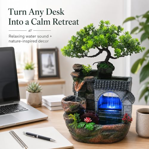 Indoor Tabletop Water Fountain with LED Lights - 11.8 Inch Relaxing Desk Decor