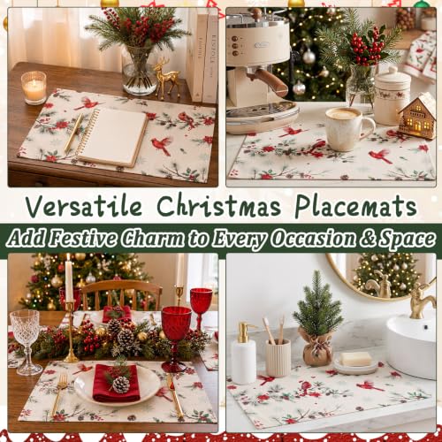 Red Cardinal Bird Christmas Placemats Set of 4 Water Resistant Holiday Table Decor