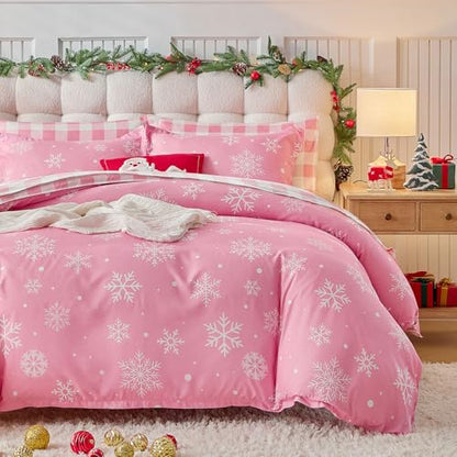 Christmas Bed in a Bag Twin Set with Snowflakes - Pink & White Holiday Bedding