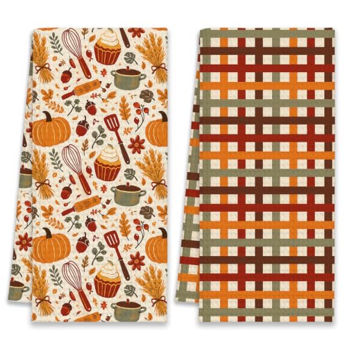 Fall Baking Kitchen Towels Set of 2 - Pumpkin Plaid Dish Towels - Pumpkin Baking Variation