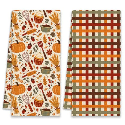 Fall Baking Kitchen Towels Set of 2 - Pumpkin Plaid Dish Towels - Pumpkin Baking Variation