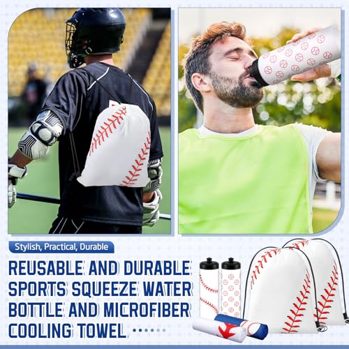 18 Pcs Sports Party Favors Basketball Soccer Water Bottle Baseball Softball Cooling Towel 6 Sports Water Bottle 6 Ice Towel 6 Drawstring Bag Football Volleyball Towel for Team Gift
