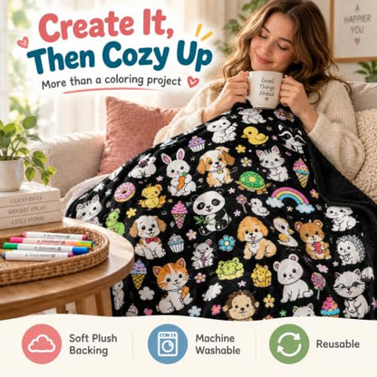 DIY Coloring Blanket with 24 Oil-Based Markers - 59x50in Soft Fabric