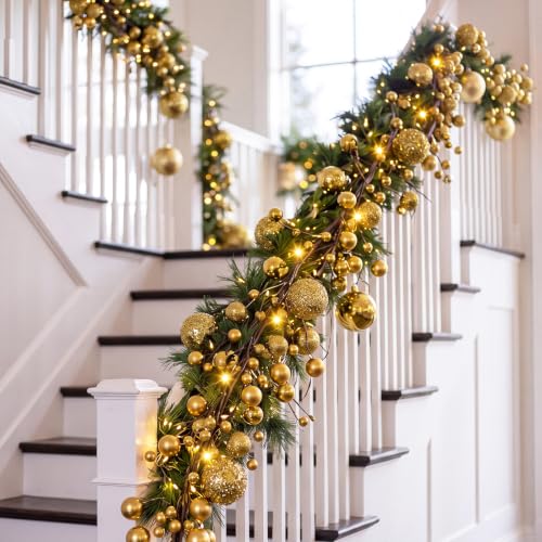 Gold Christmas Ball Garland with LED Lights - 9 ft Holiday Decoration - Variation: Gold